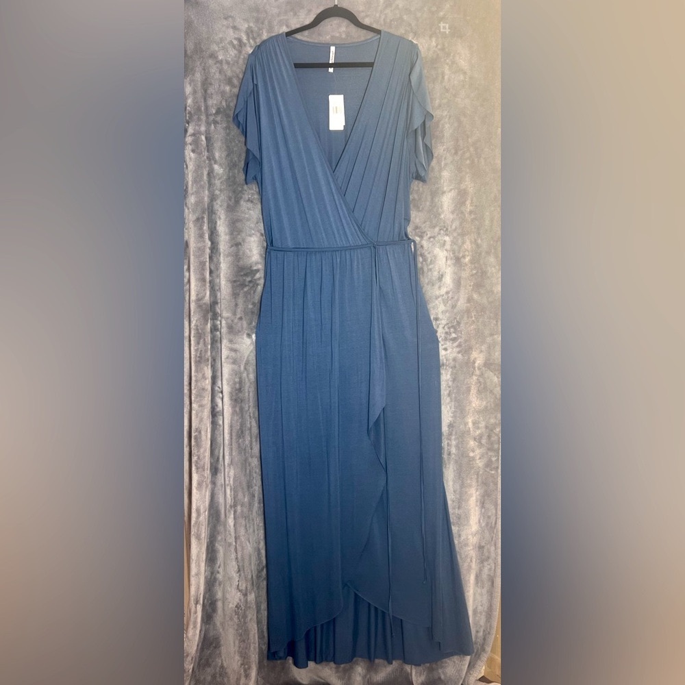 Pally Luxury NWT 3x Blue Gray Maxi Ruffled Wrap Dress Cascading Hem & Sleeves